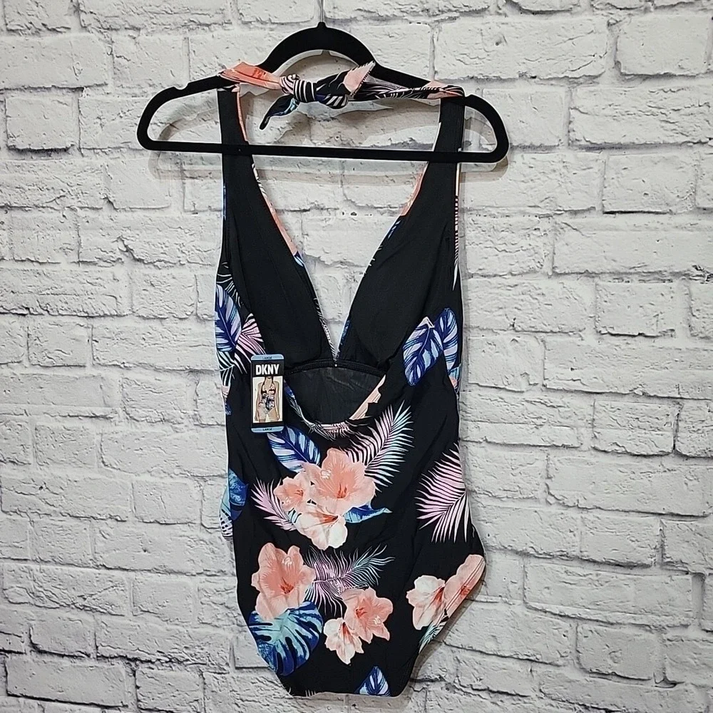 DKNY Women's Large One Piece Tummy‎ Control Swimsuit Black Floral Print Halter - Picture 3 of 7